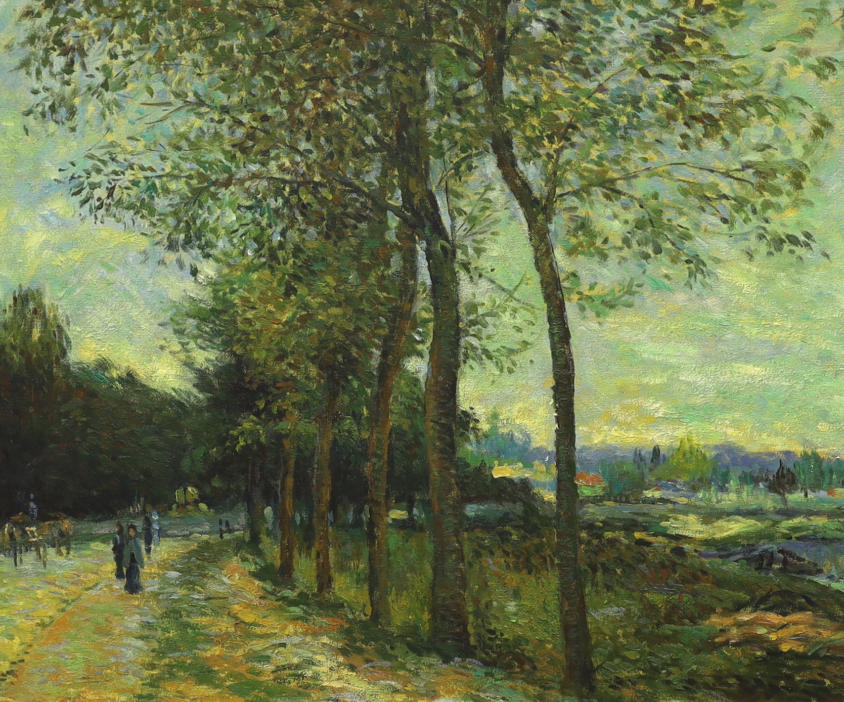 Impressionist Style, oil on canvas, Tree lined pathway with figures, 60 x 50cm